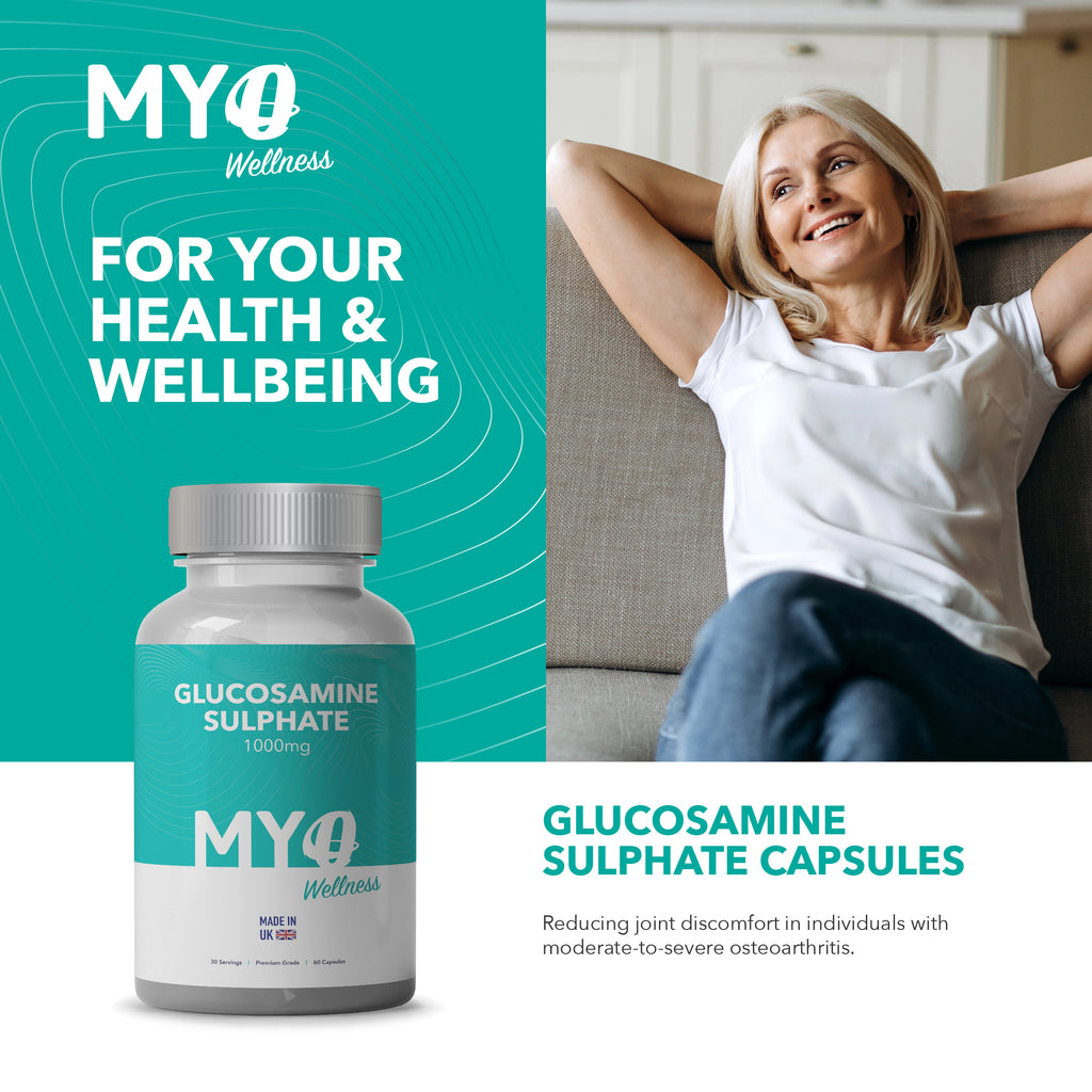 MYOwellness joint health supplement glucosamine sulphate capsules with a woman relaxing on a couch.