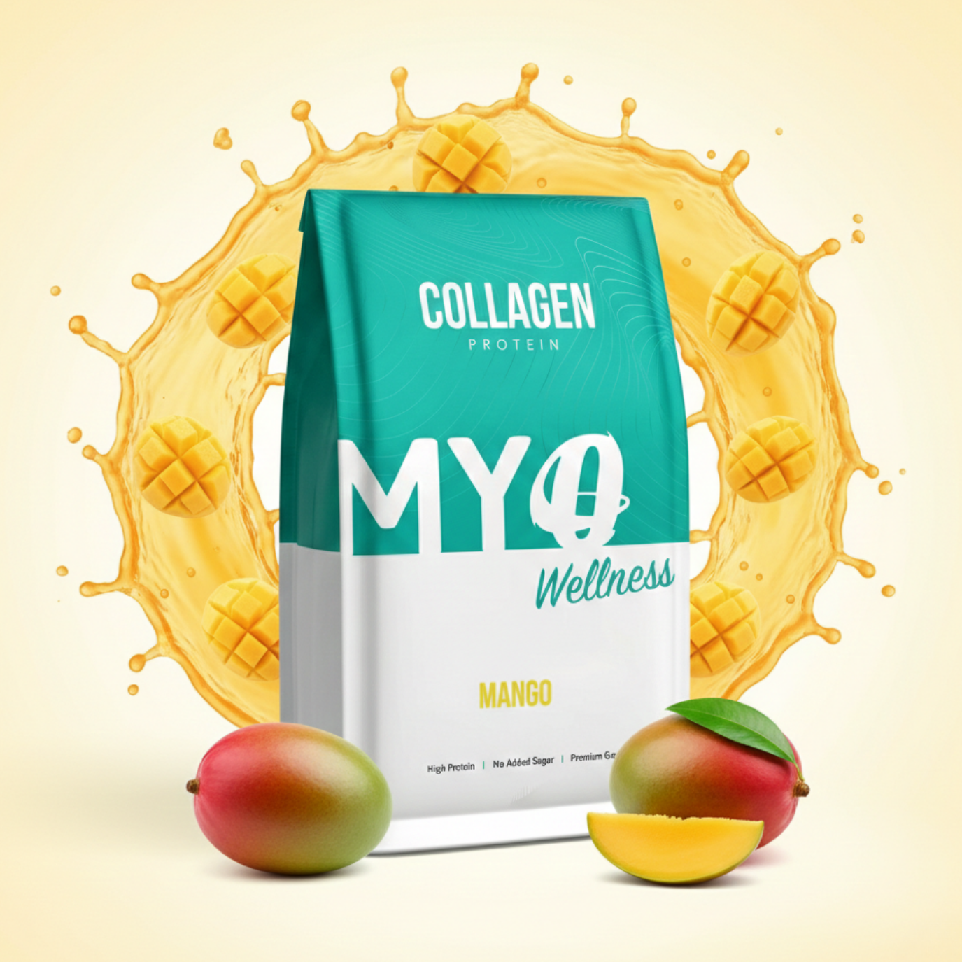 MYOwellness mango collagen package with mangoes and a splash of mango juice on a light yellow background