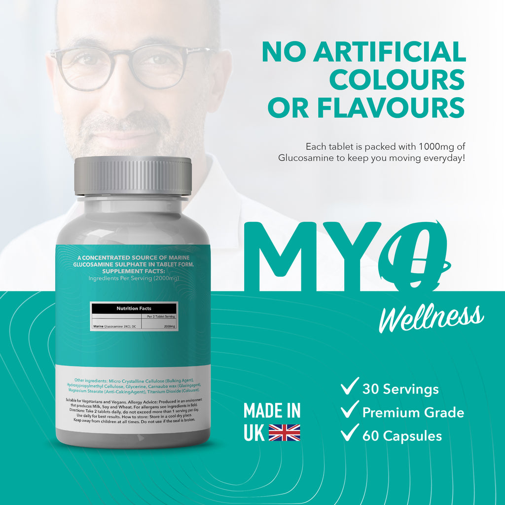 Bottle of MYOwellness Marine glucosamine tablet with text about flavors, and product details.