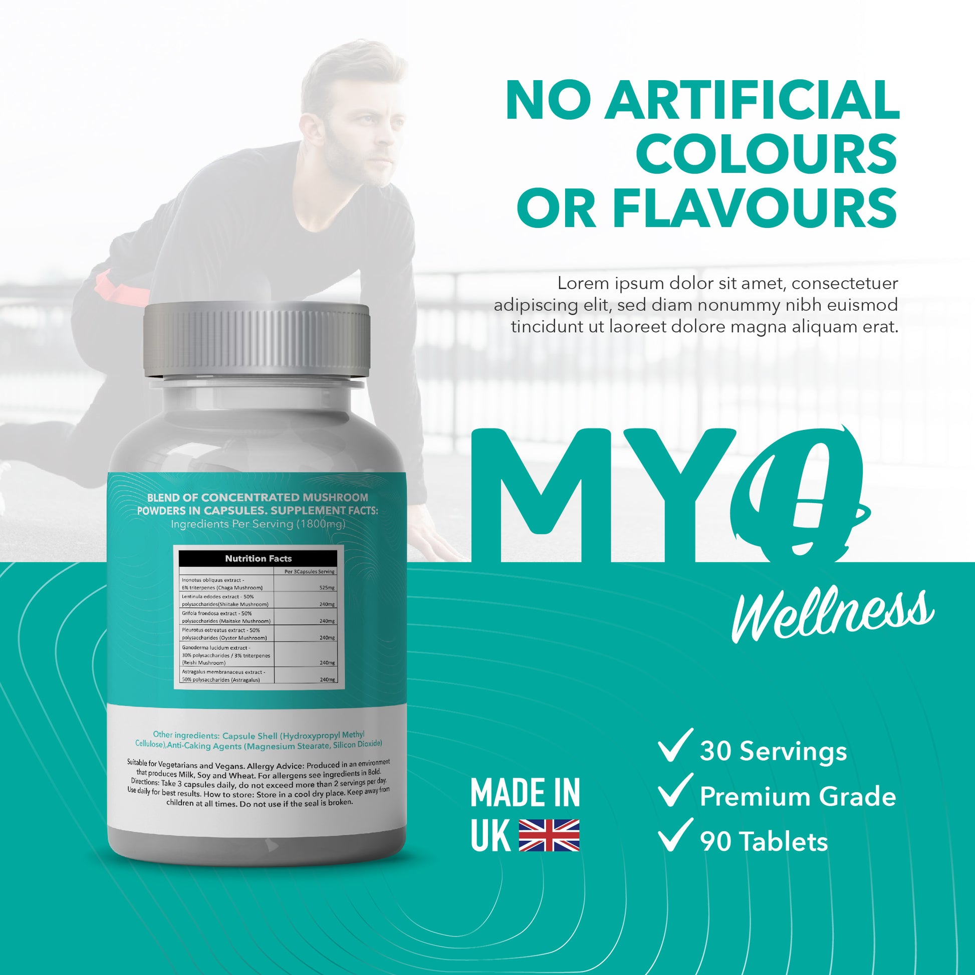 Bottle of mushroom immune capsules with text about flavors, and product details.