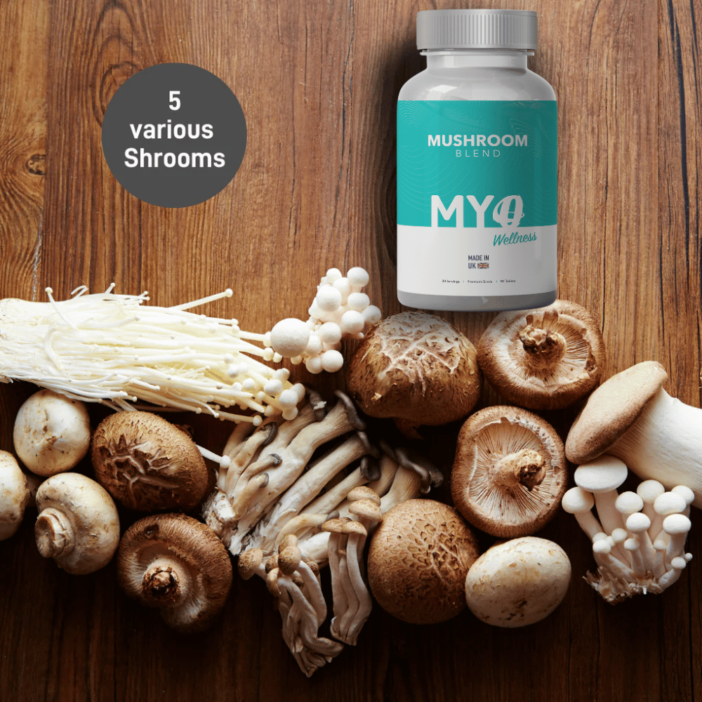 Bottle of Mushroom Mix Capsules supplement with various mushrooms on a wooden surface