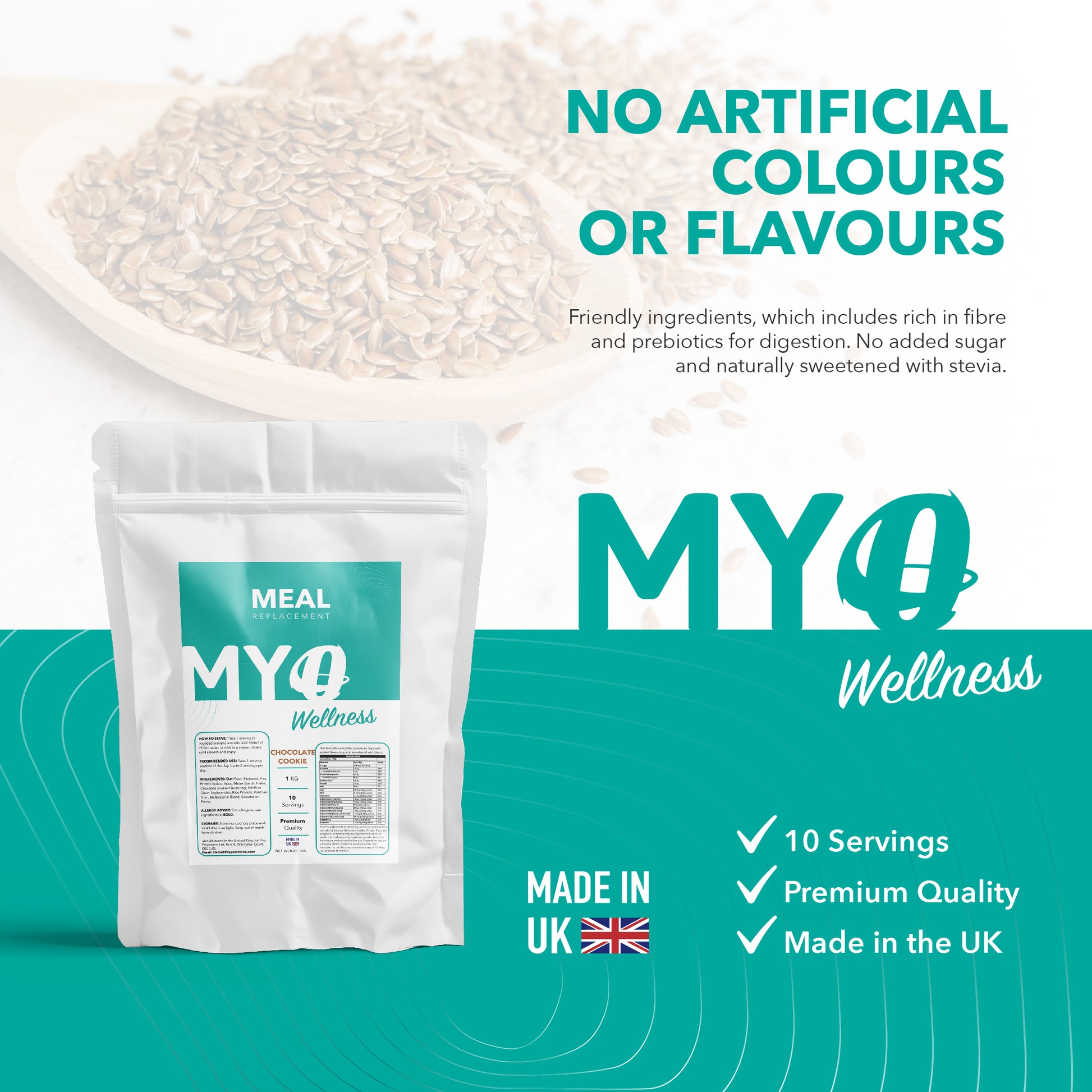 MYOwellness organic meal replacement shake product packaging with text about natural ingredients and quality on a teal background