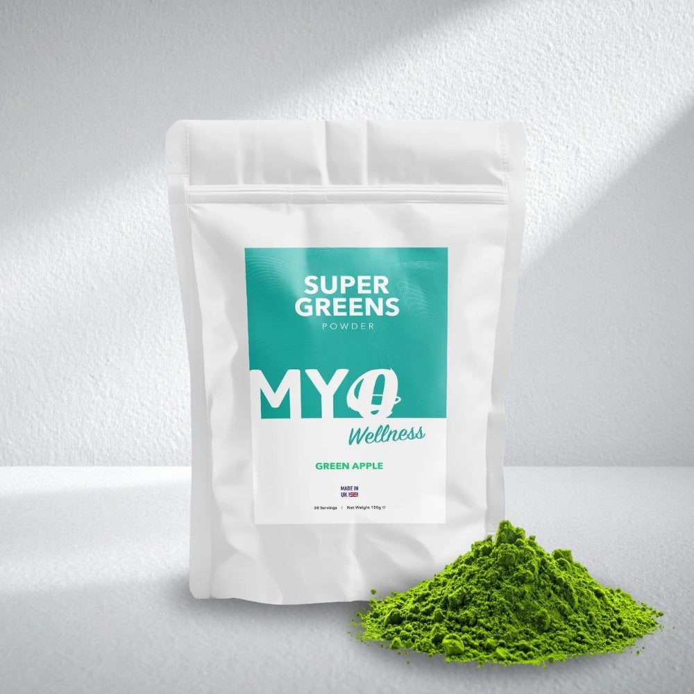 MYOwellness Organic Super Greens Powder packaging with green powder on a white background