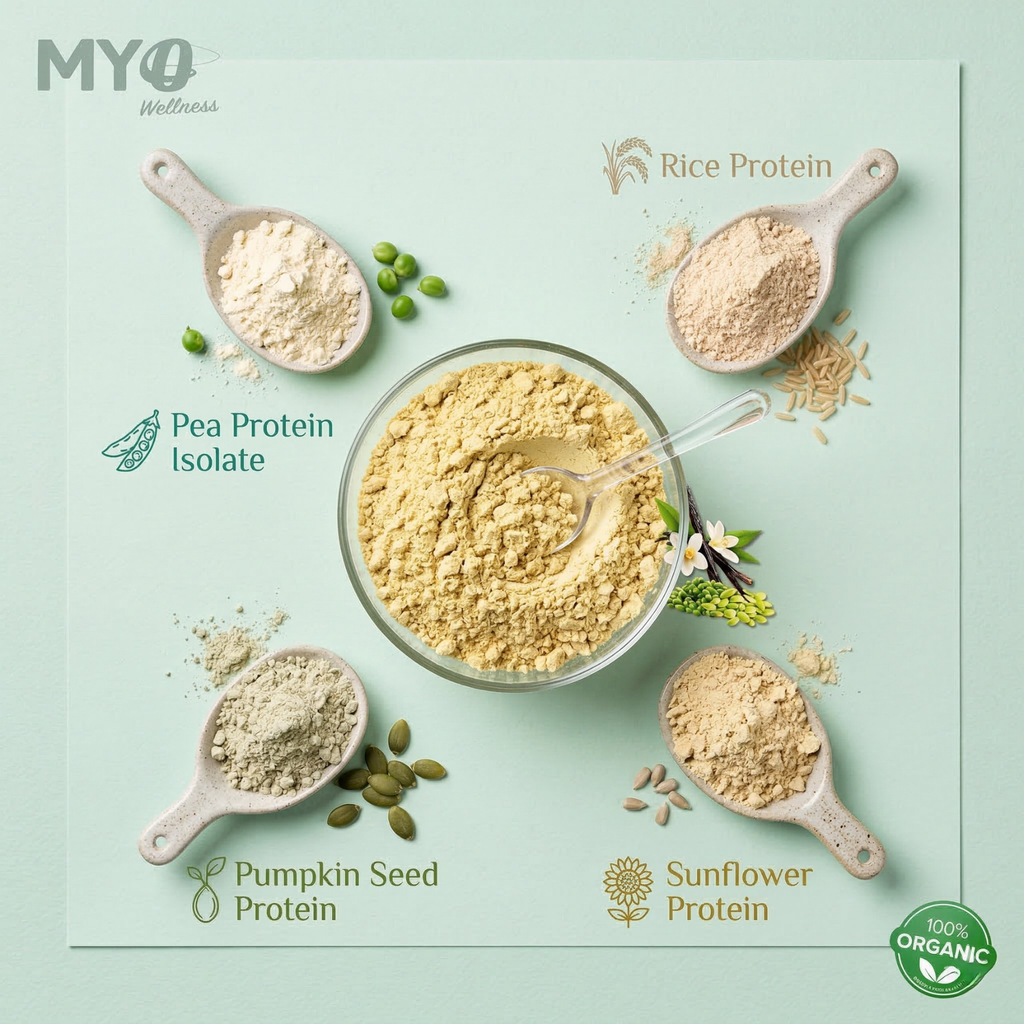 Various protein powders including rice, pea, pumpkin seed, and sunflower proteins on a light green background with MYOwellness branding.