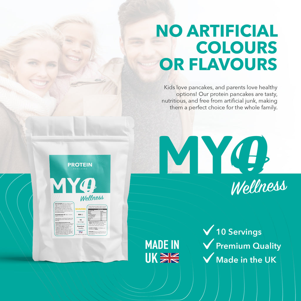 MYOwellness pancake flavored protein powder package with family in the background, emphasizing natural ingredients and quality.