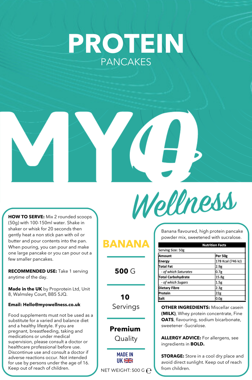 Package of MYOwellness pancake flavored protein powder with banana flavor on a teal background