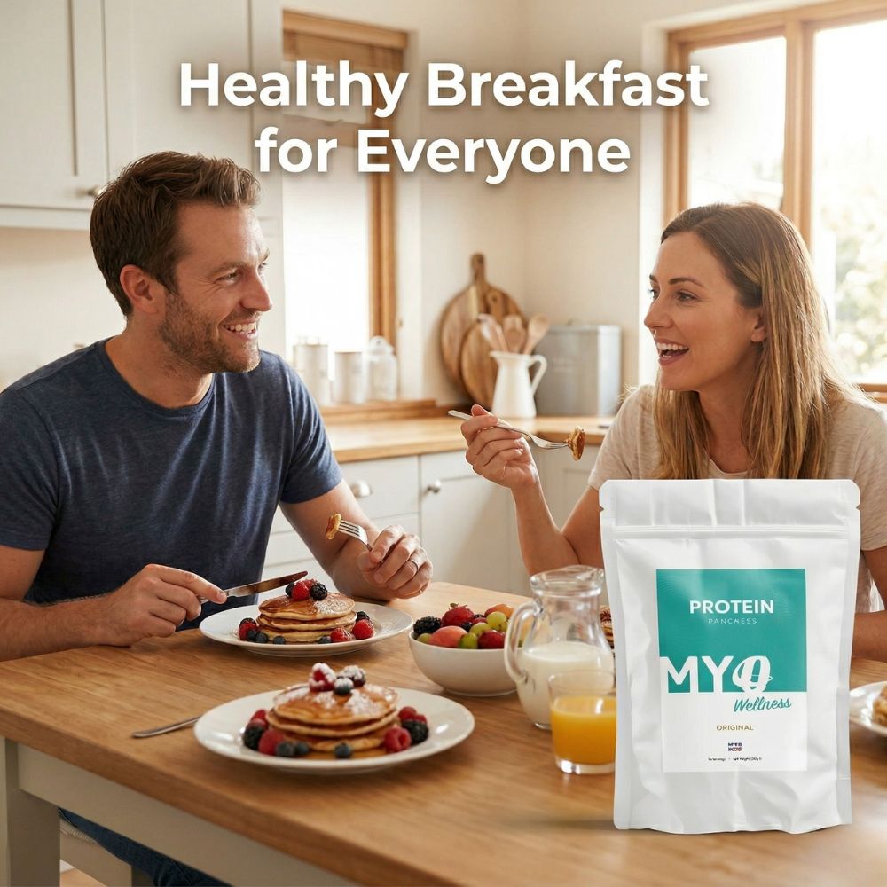 Man and woman enjoying a healthy breakfast with MYOwellness pancake flavored protein powder in the foreground.