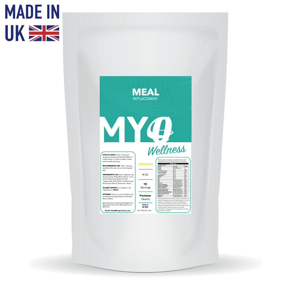 MYOwellness plant based meal replacement package with a British flag label on a white background