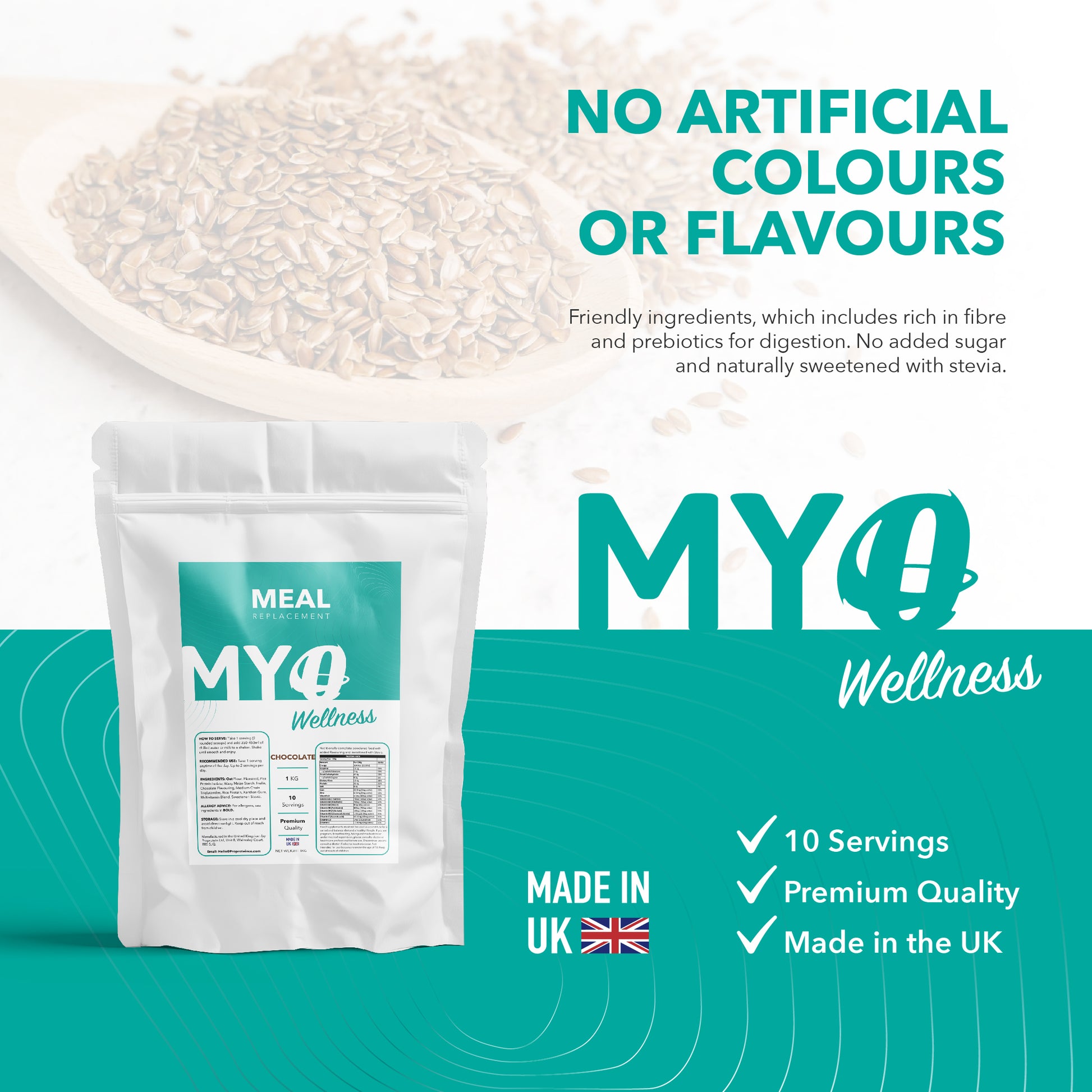 MYOwellness plant based meal replacement packaging with text about natural ingredients and quality on a teal background