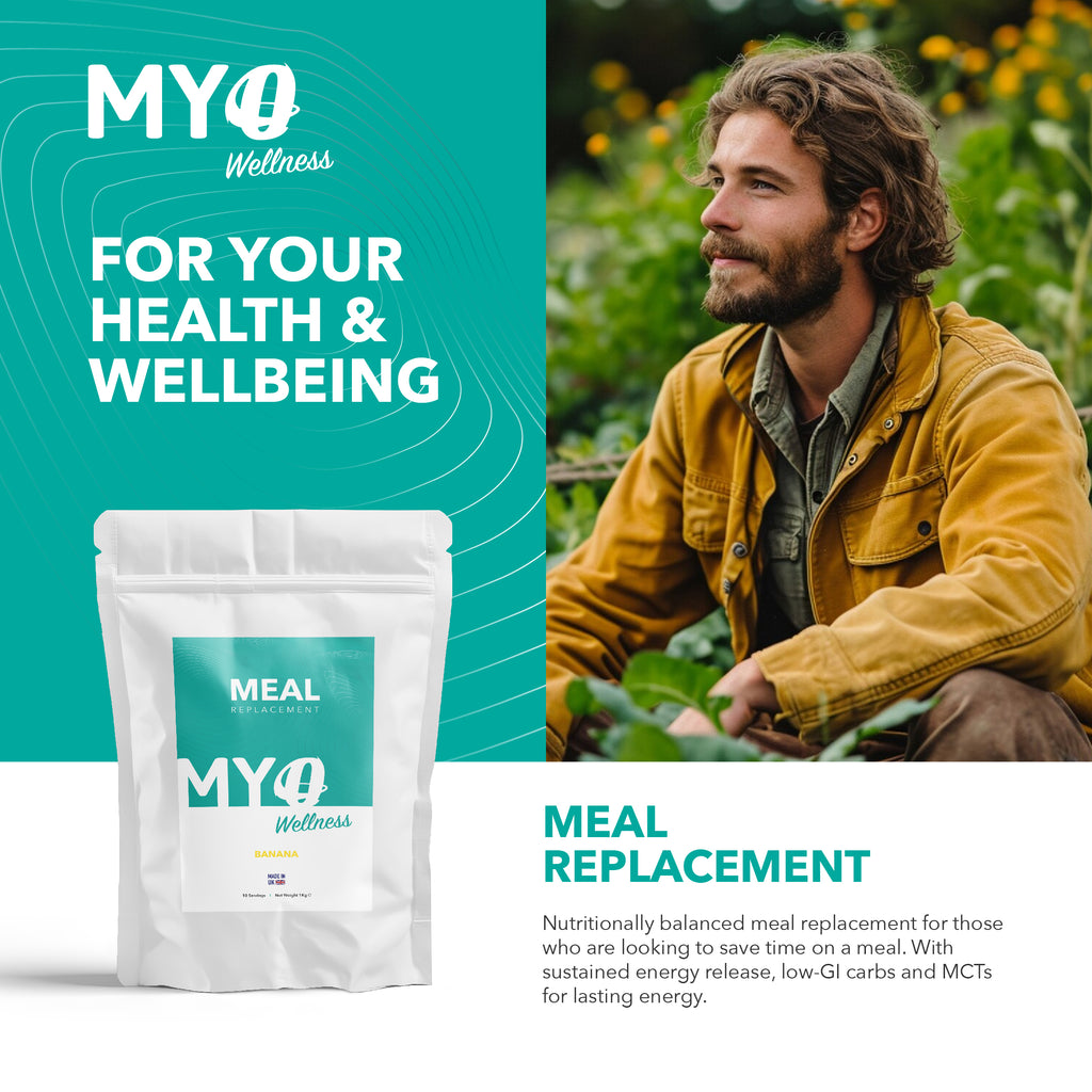 MYOwellness plant based meal replacement packaging with a person outdoors, promoting health and wellbeing.