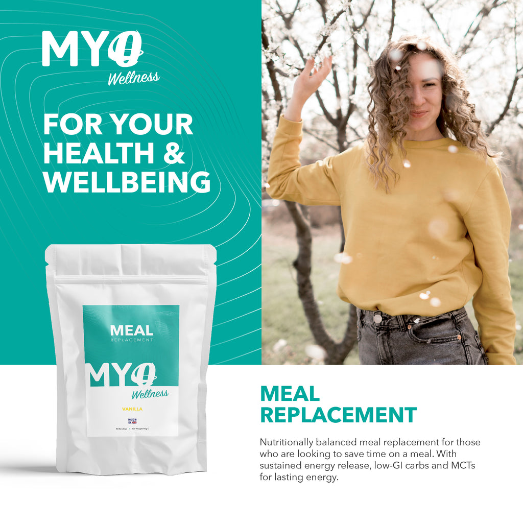 MYOwellness plant based nutritional meal replacement package with a person outdoors