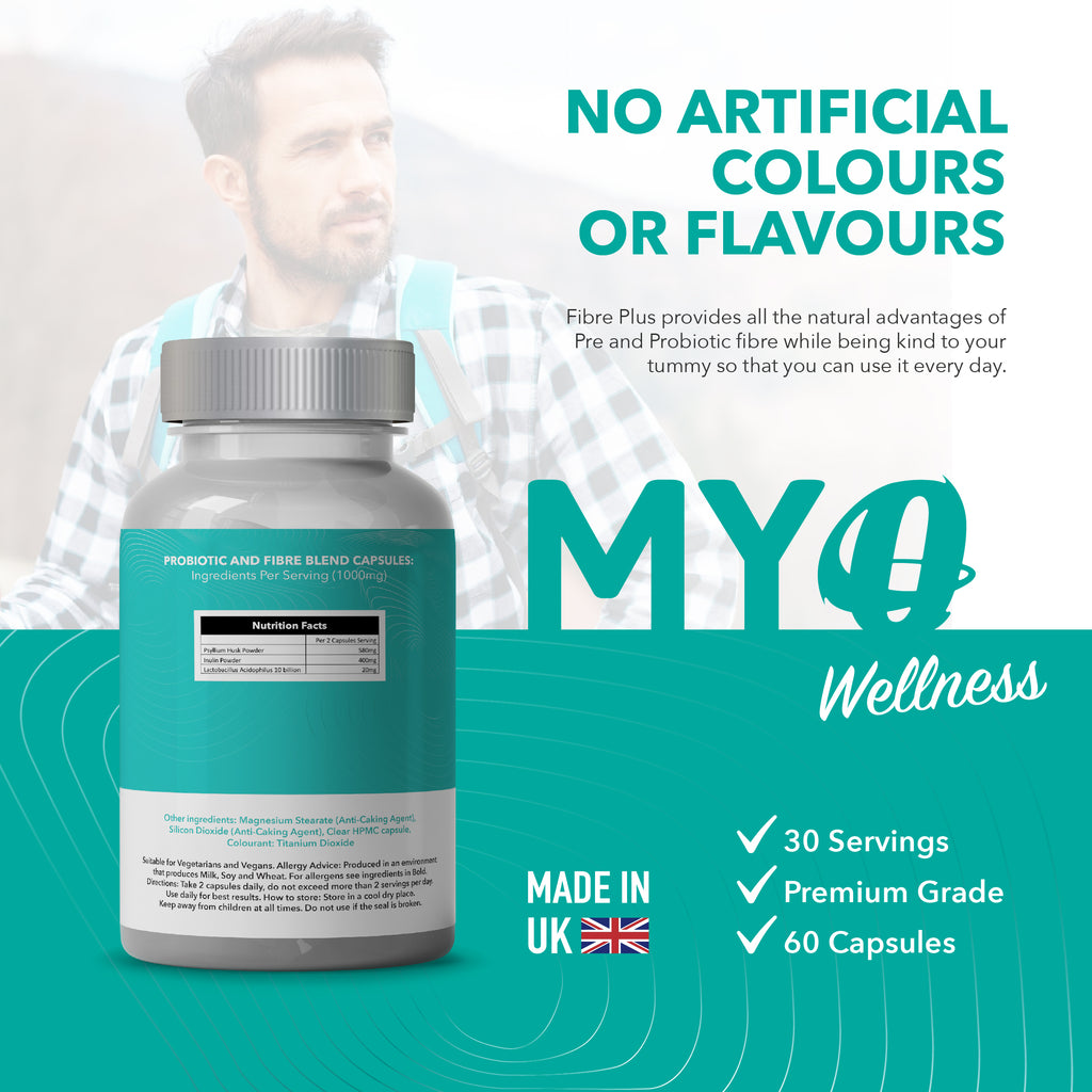 MYOwellness prebiotic and probiotic fibre capsules with text about flavors, and product details.