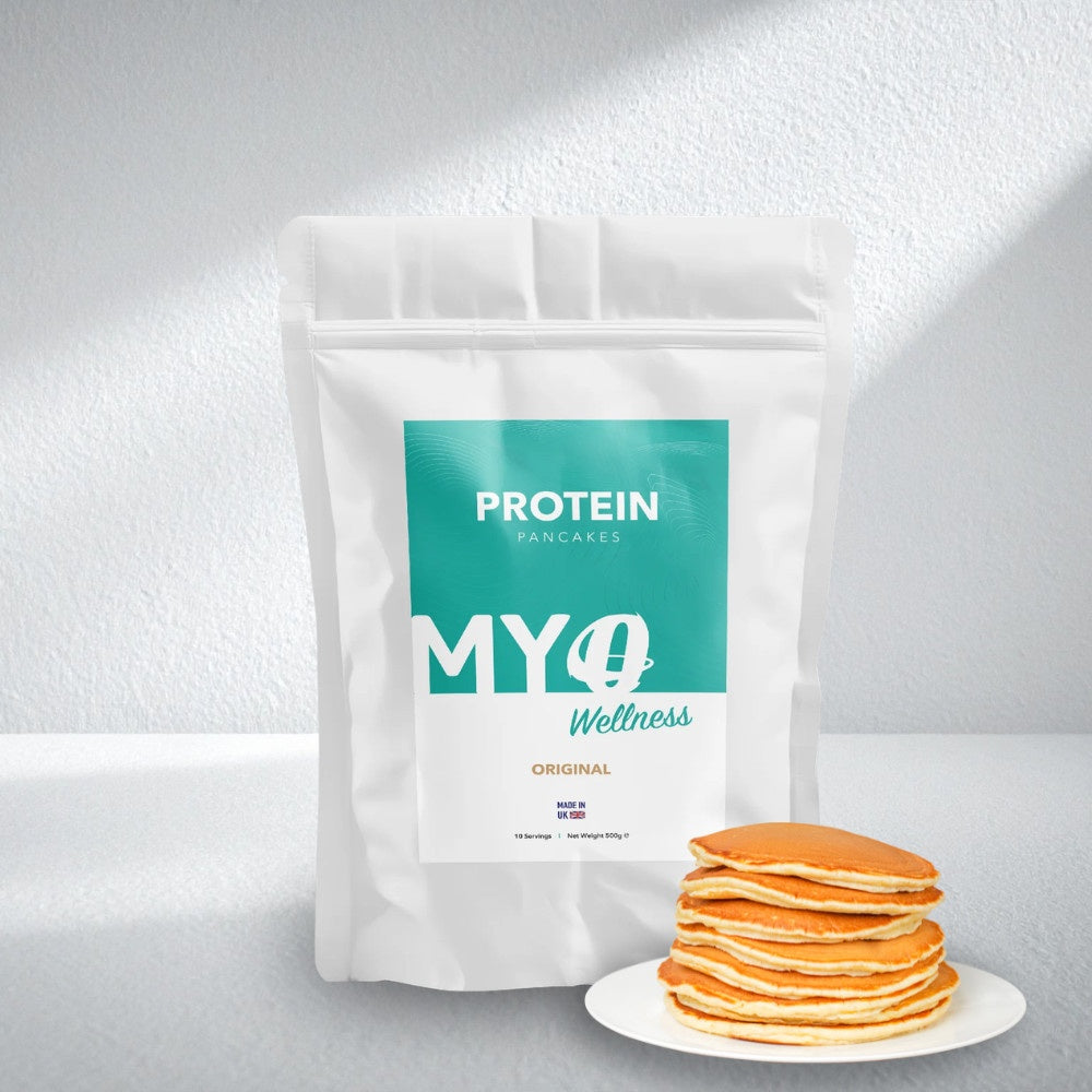 MYOwellness protein pancakes package with a stack of pancakes on a white background