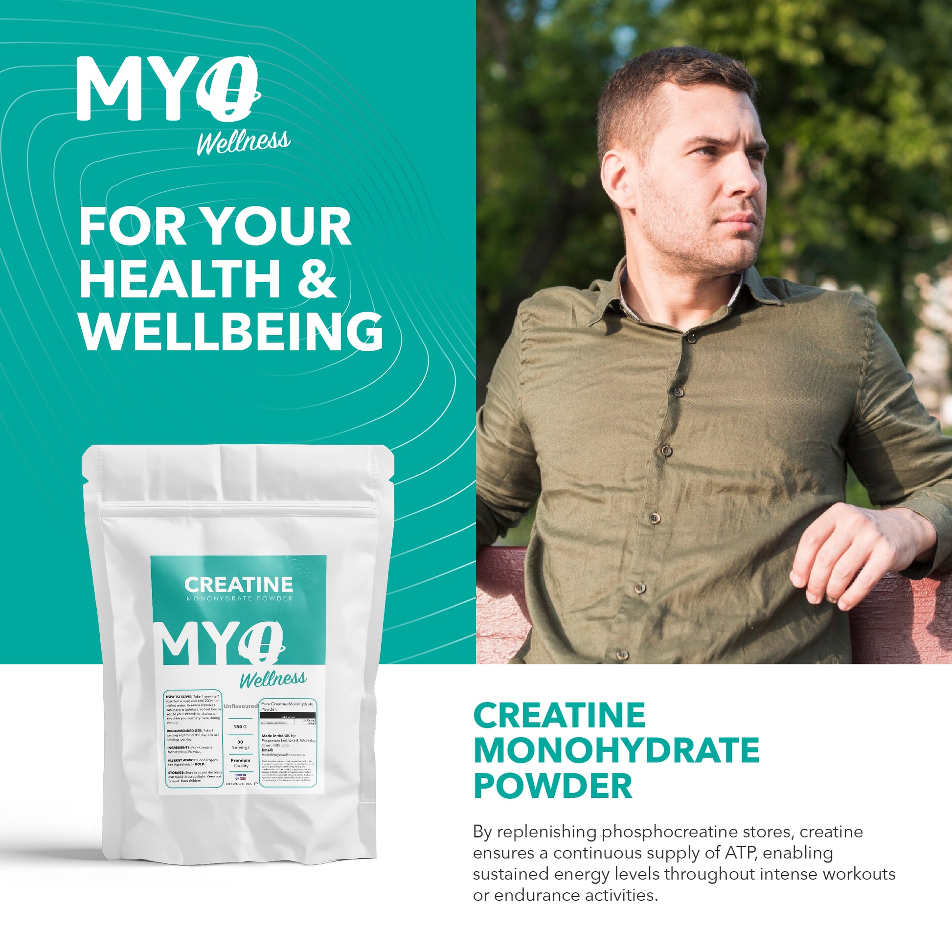 MYOwellness pure creatine monohydrate powder packaging with a man outdoors.