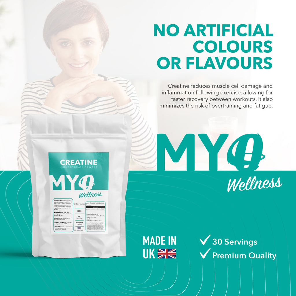 MYOwellness pure creatine supplement package with a person in the background
