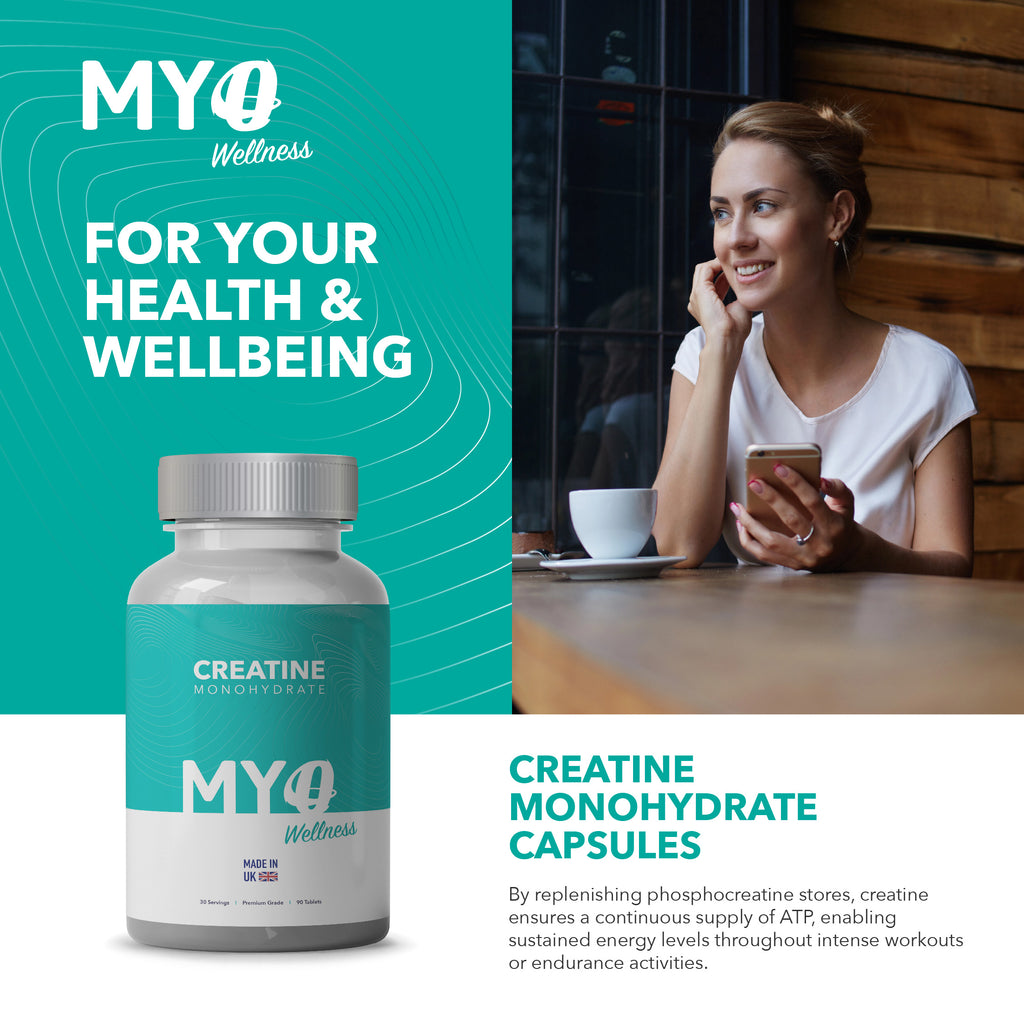 MYOwellness pure creatine tablets with a woman using her phone in the background