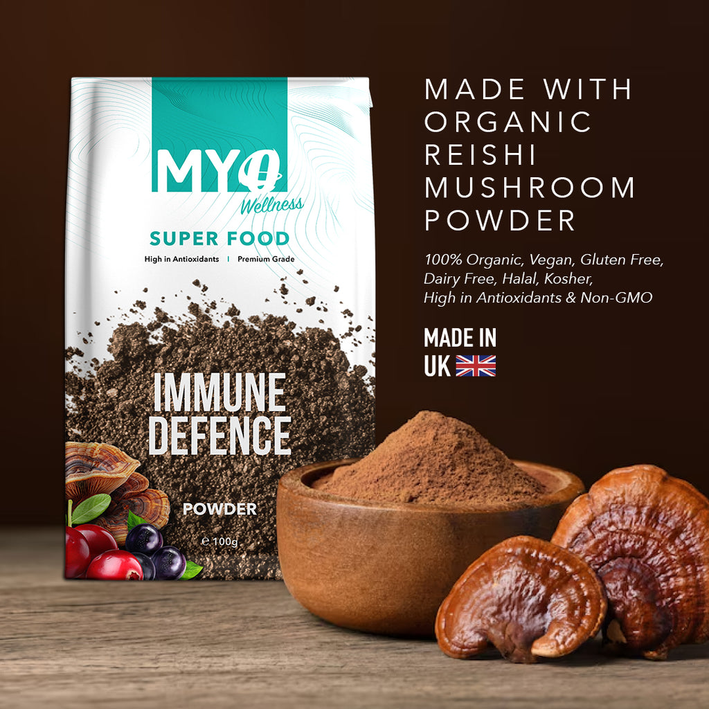 MYOwellness reishi mushroom powder packaging with mushrooms and powder on a wooden surface.