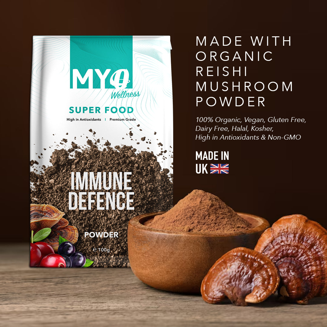 MYOwellness reishi mushroom powder packaging with mushrooms and powder on a wooden surface.
