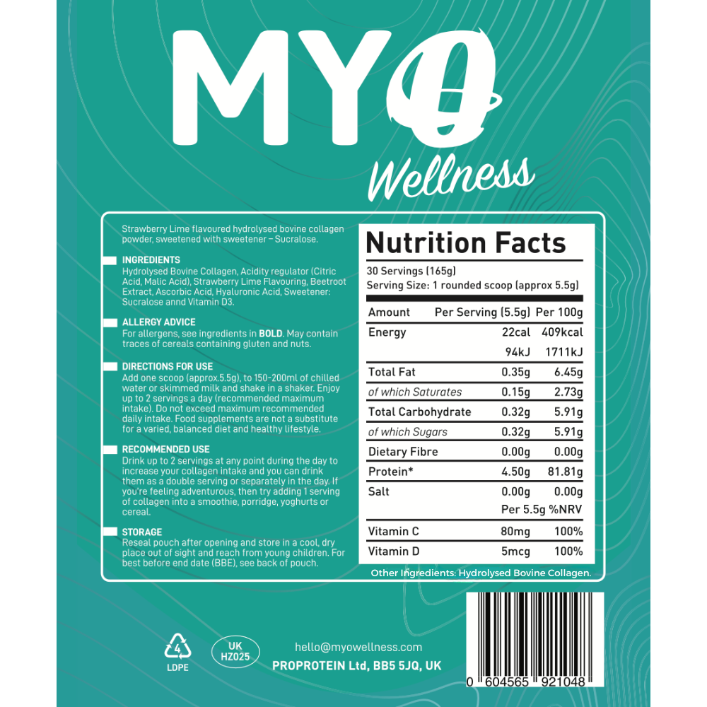 Back label of a supplement container with MYOwellness strawberry lemonade collagen powder branding and nutrition facts.