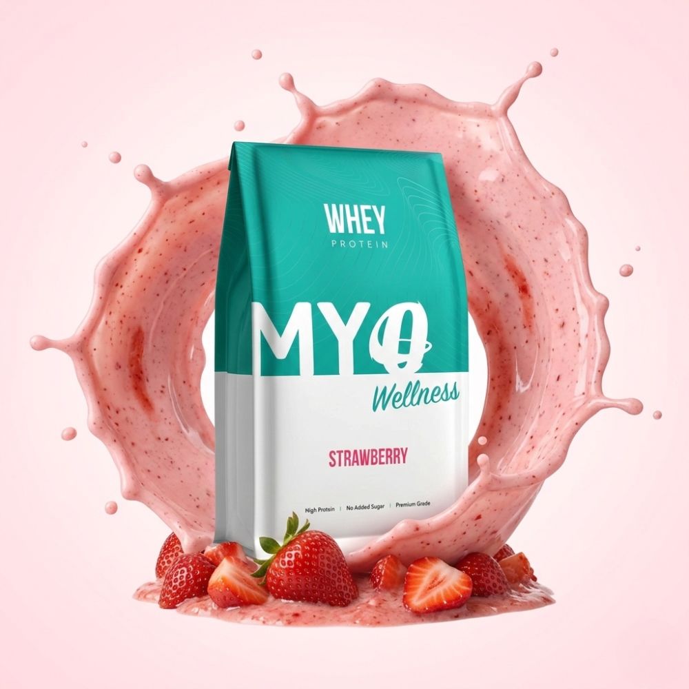 MYOwellness strawberry whey blend protein shake package with a splash of strawberry milk and strawberries on a pink background