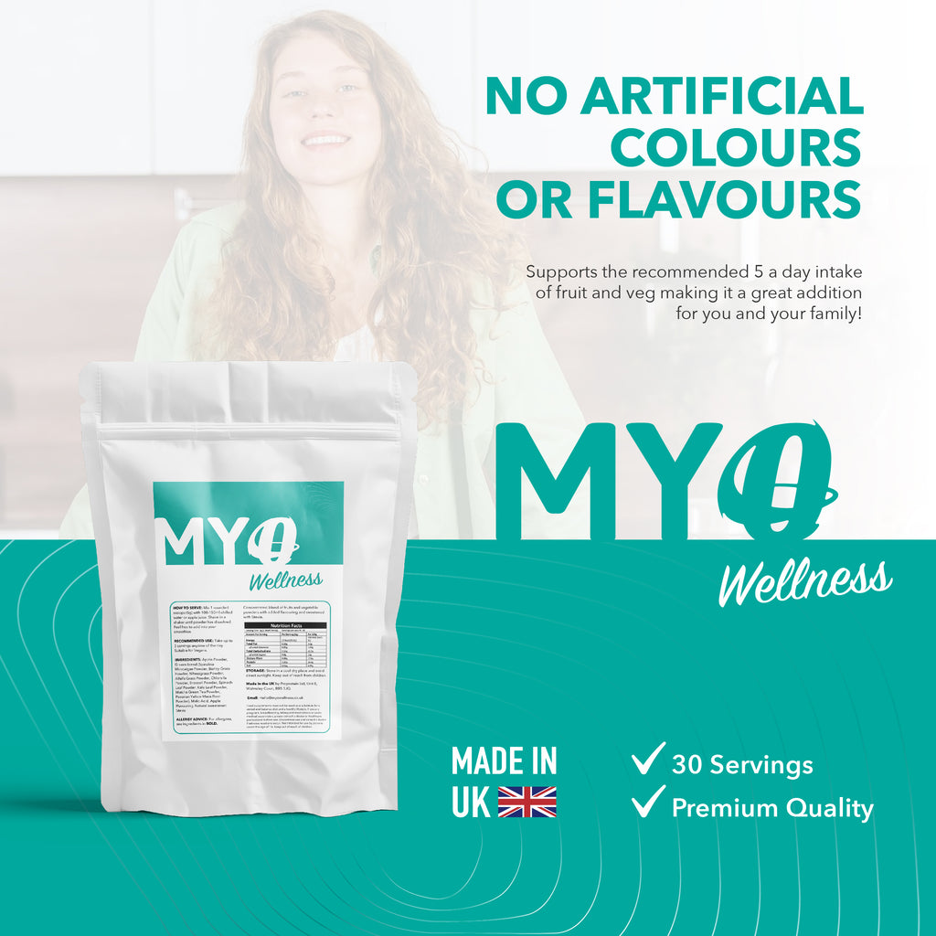 MYOwellness superfood green powder packaging with a woman in the background, emphasizing natural ingredients and quality.