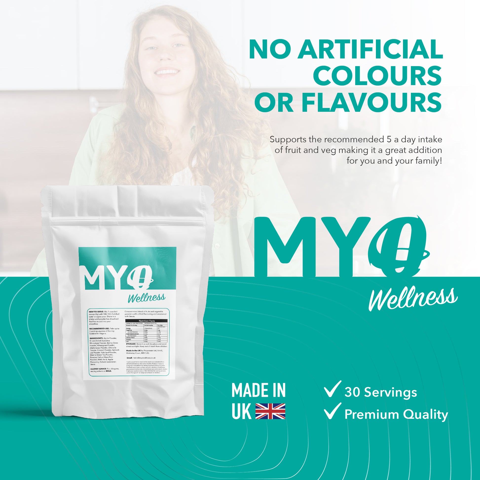 MYOwellness superfood green powder packaging with a woman in the background, emphasizing natural ingredients and quality.