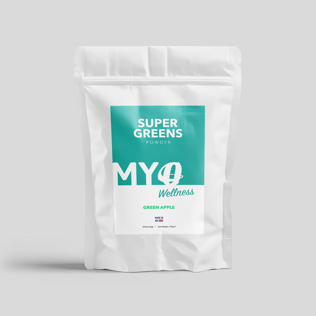 Super Greens Powder package with MYO Wellness branding on a gray background
