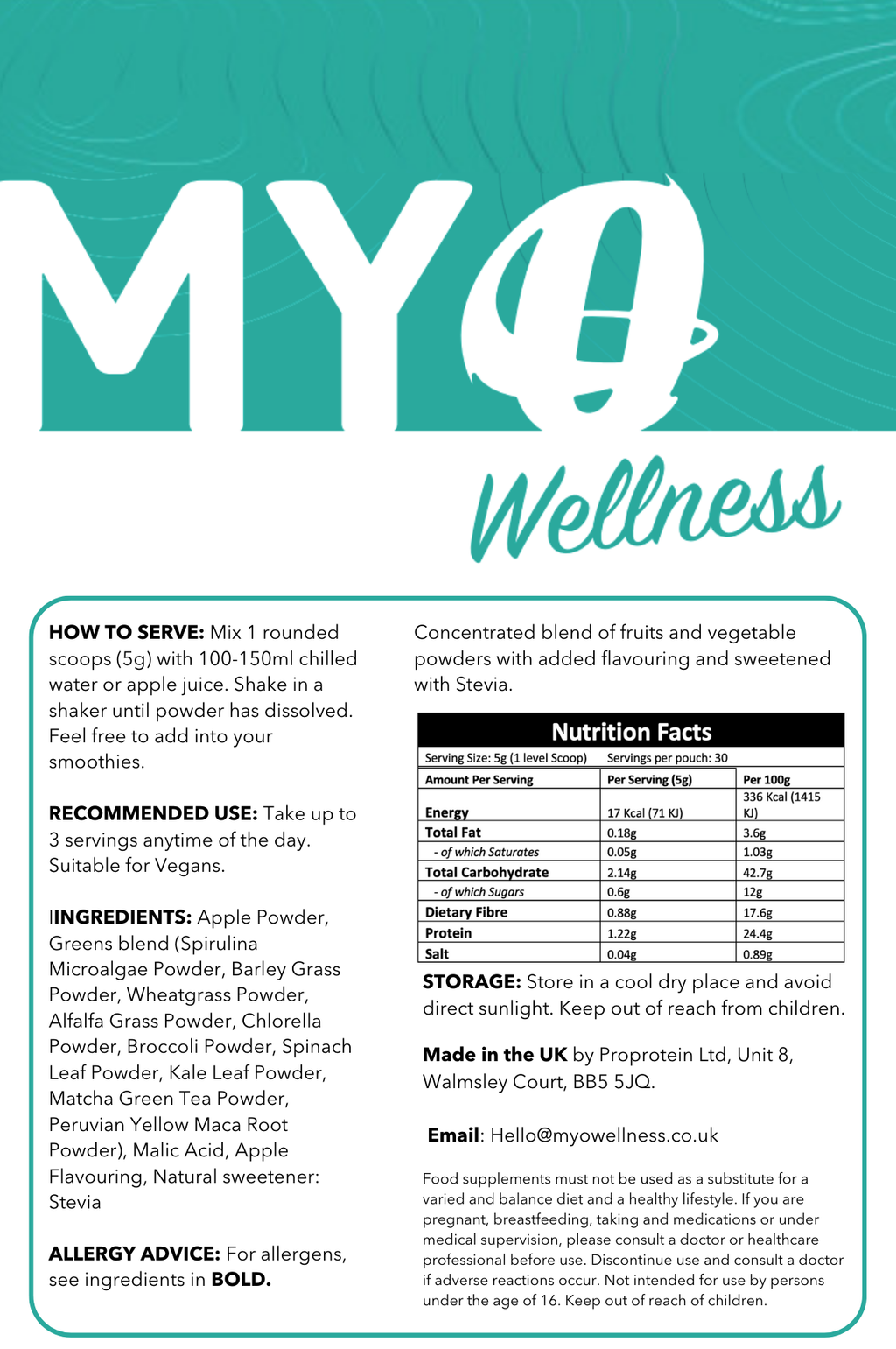 MYOwellness Super greens supplement product packaging with text and nutrition facts on a teal background