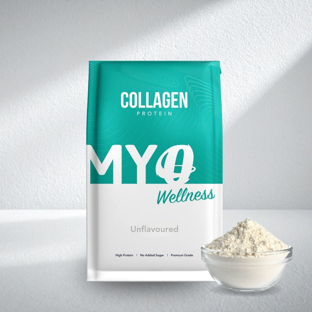 MYOwellness unflavoured collagen powder package with a bowl of powder on a light gray background