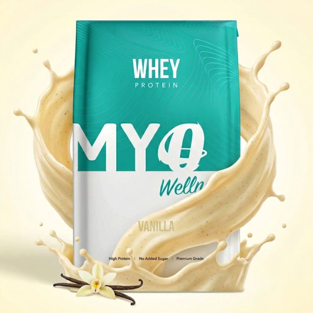 MYOwellness vanilla protein blend package with vanilla flavor text, surrounded by vanilla beans and a splash of vanilla liquid on a light background.