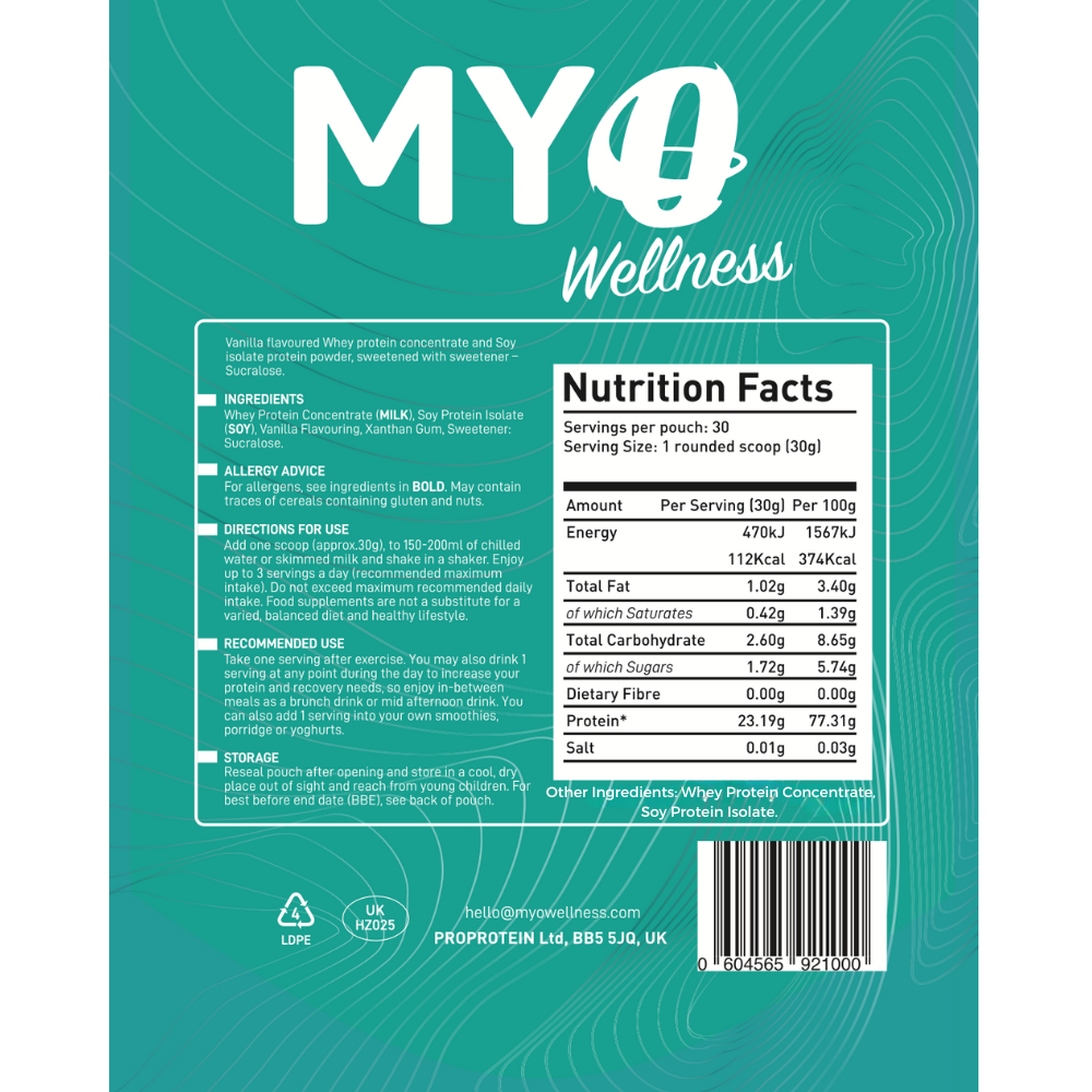 Nutrition facts label for vanilla whey blend protein shake on a green background with 'MYOwellness' branding.