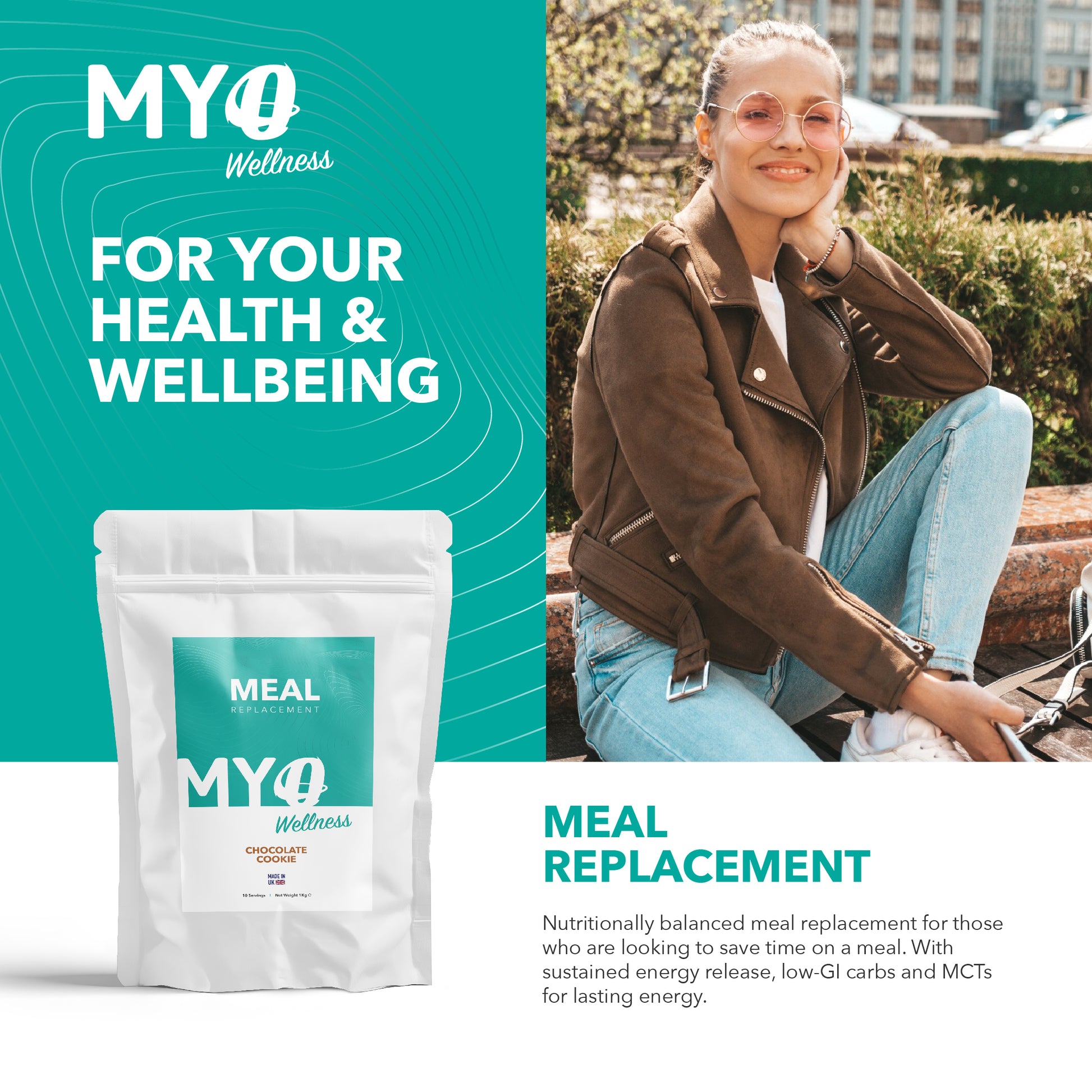 MYOwellness vegan meal replacement powder package with a person sitting outdoors on a bench.