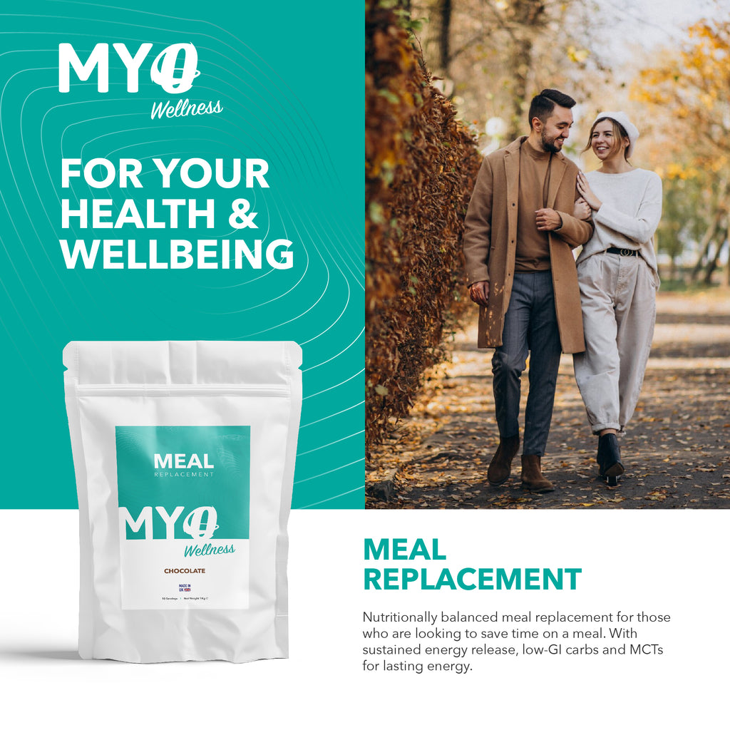 MYOwellness vegan meal replacement powder package with a couple walking in a park on a teal background