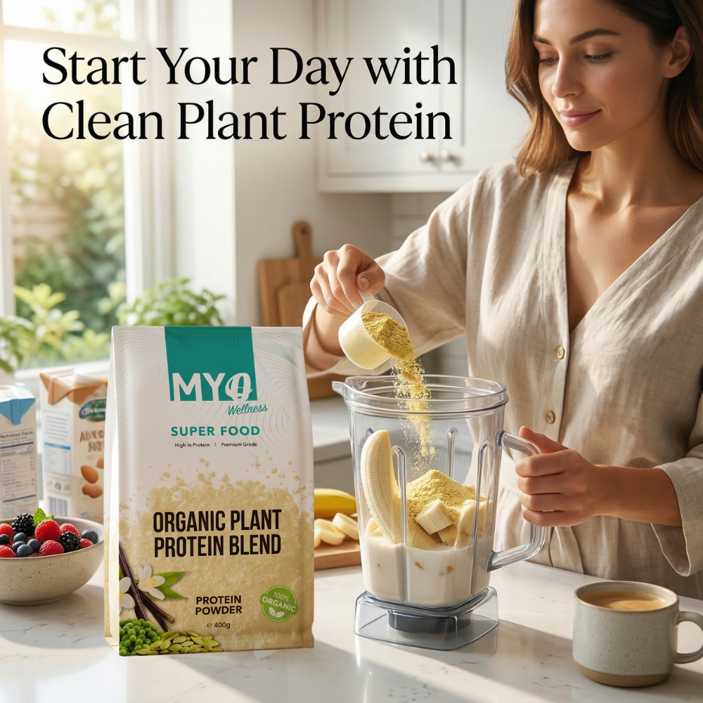 Woman adding vegan plant based protein powder to a blender with text 'Start Your Day with Clean Plant Protein'.