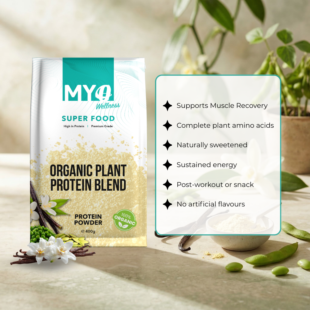 MYOwellness vegan protein powder low sugar package with product details on a light background