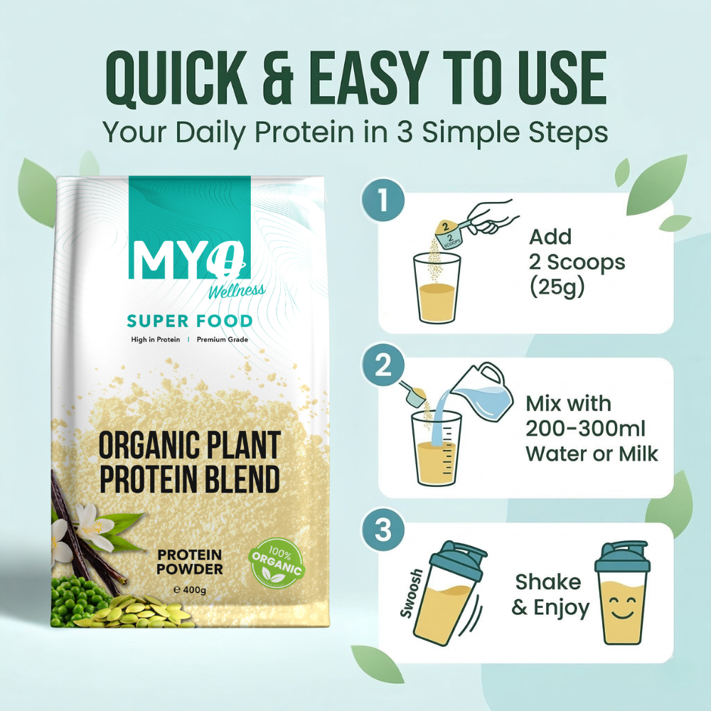 MYOwellness vegan protein powder plant based packaging with usage instructions on a light blue background