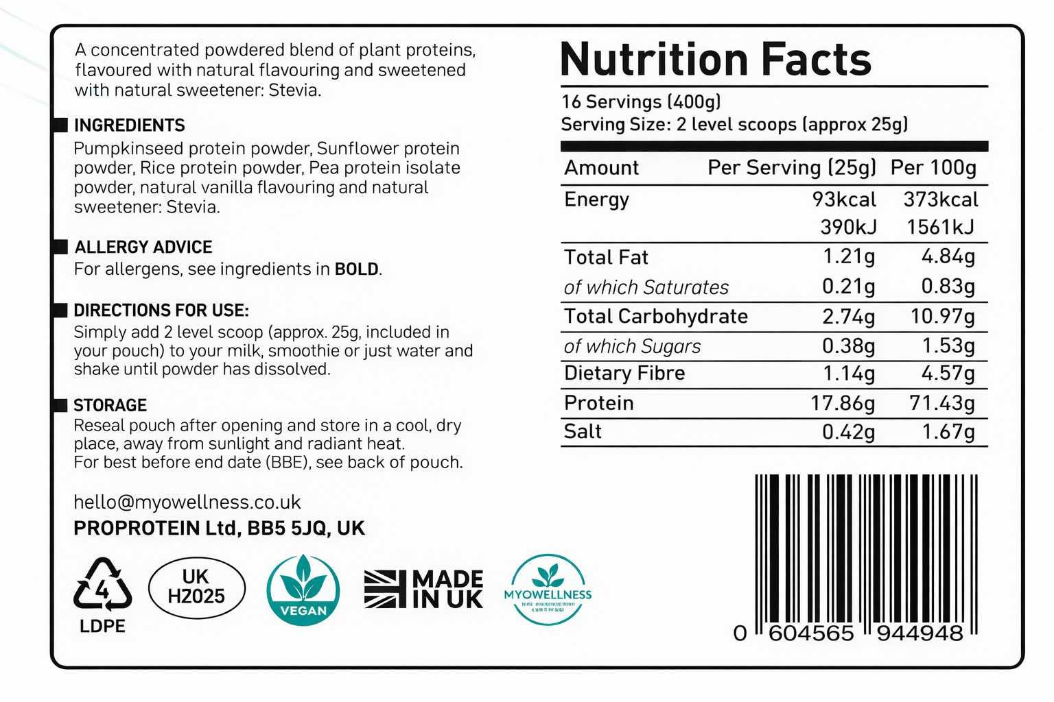 Nutrition facts label for a vegan protein powder with all amino acids product with ingredients, allergen advice, directions for use, and branding information.