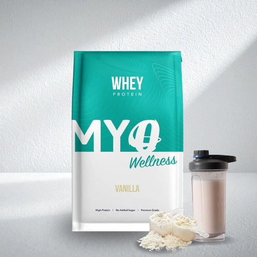 MYOwellness whey blend protein powder package with a shaker and protein powder on a light gray background