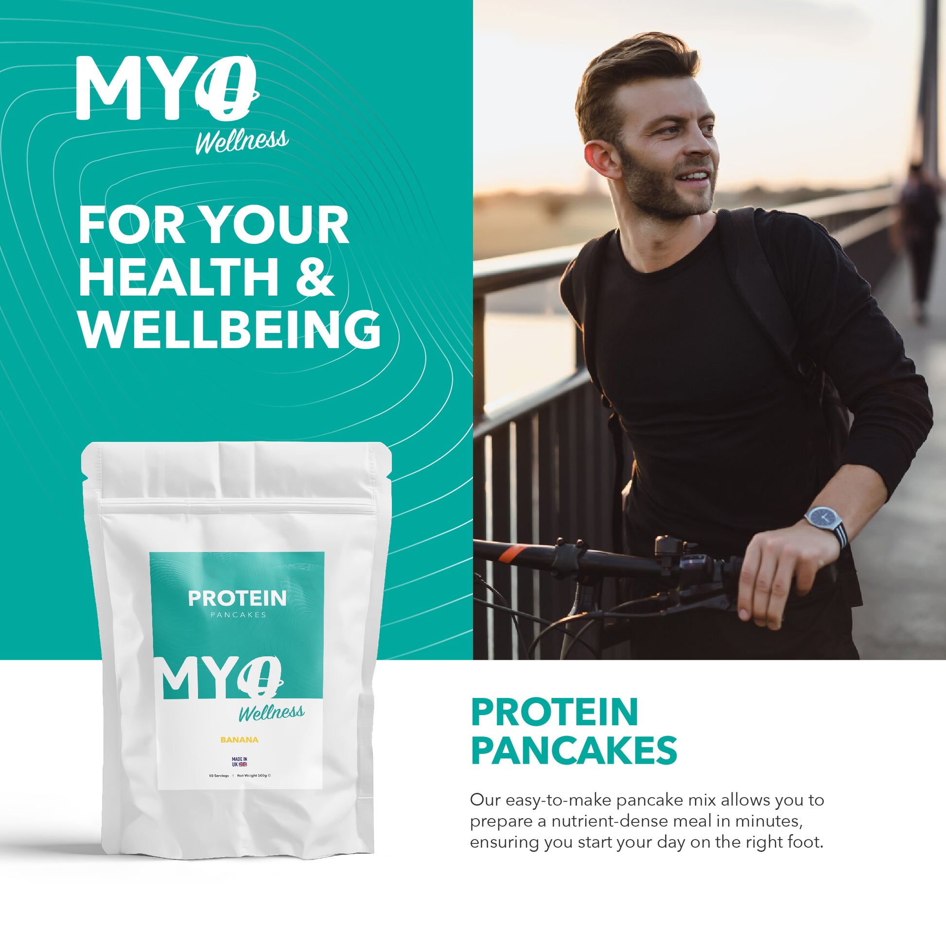 MYOwellness whey protein pancake mix package with a man holding a bike on a bridge.