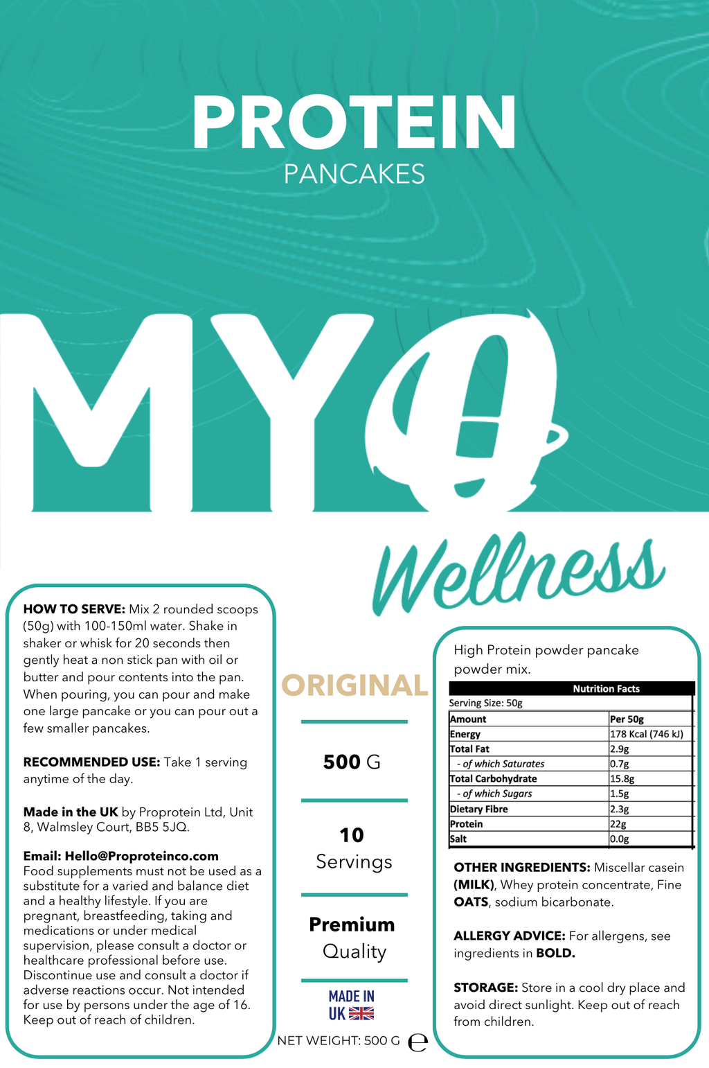 Package of MYOwellness whey protein pancake mix with nutritional information and serving instructions.